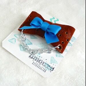 Punched Leather + True Blue Bow Brooch - Metal Chain - OOAK Handmade by Limouze